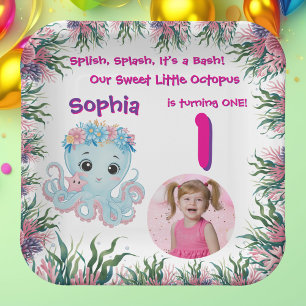 Cute Whimsical Floral Octopus Girly Birthday Paper Plate