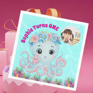 Cute Whimsical Floral Octopus Girly Photo Birthday Napkin