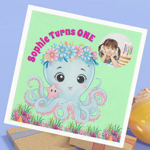 Cute Whimsical Floral Octopus Girly Photo Birthday Napkin