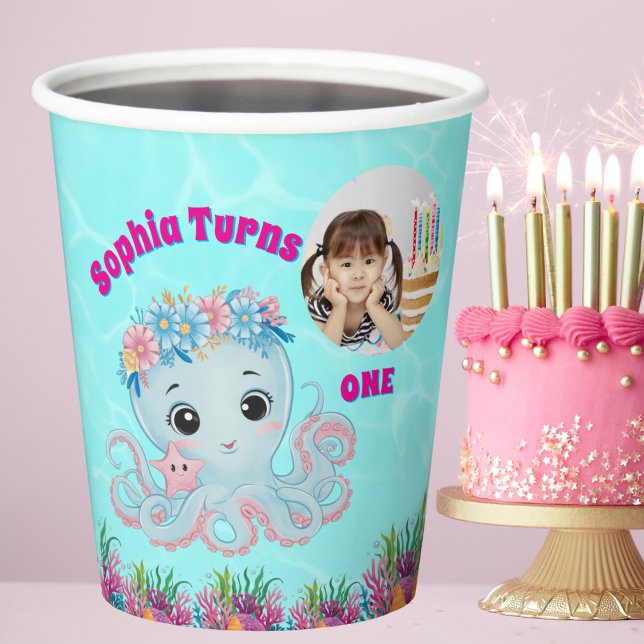 Cute Whimsical Floral Octopus Girly Photo Birthday Paper Cups (Creator Uploaded)