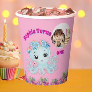 Cute Whimsical Floral Octopus Girly Photo Birthday Paper Cups