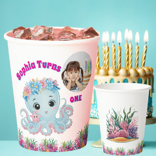 Cute Whimsical Floral Octopus Girly Photo Birthday Paper Cups