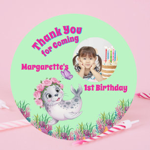 Cute Whimsical Floral Sea Lion Girly Photo  Classic Round Sticker