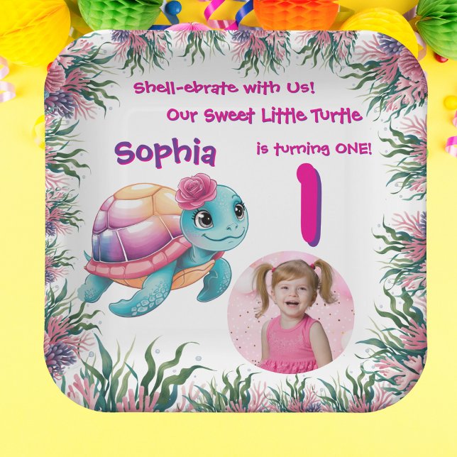 Cute Whimsical Floral Sea Turtle Girly Birthday Paper Plate (Creator Uploaded)