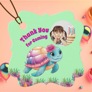 Cute Whimsical Floral Sea Turtle Photo Birthday Favour Tags