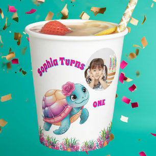 Cute Whimsical Floral Sea Turtle Photo Birthday Paper Cups