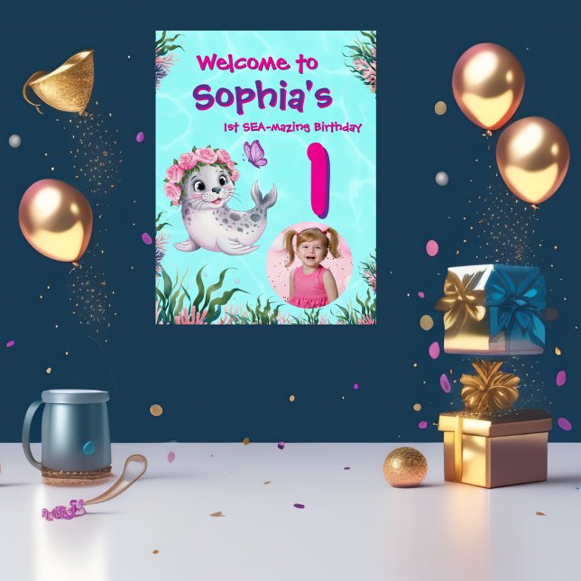 Cute Whimsical Floral Sealion Birthday Welcome  Poster (Creator Uploaded)