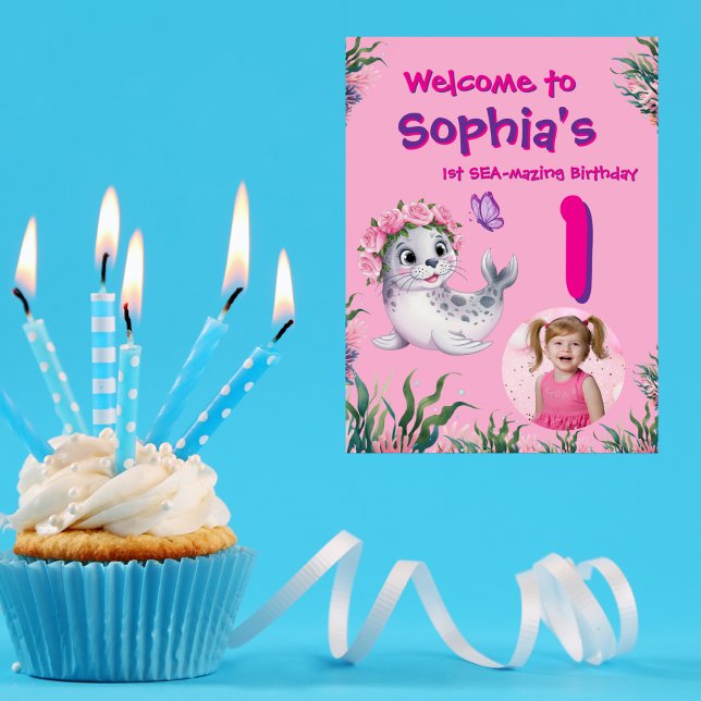 Cute Whimsical Floral Sealion Birthday Welcome  Poster (Creator Uploaded)