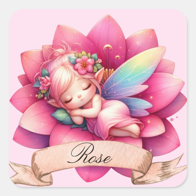 Cute Whimsical Floral Sweet Dreams Sleeping Fairy Square Sticker (Front)