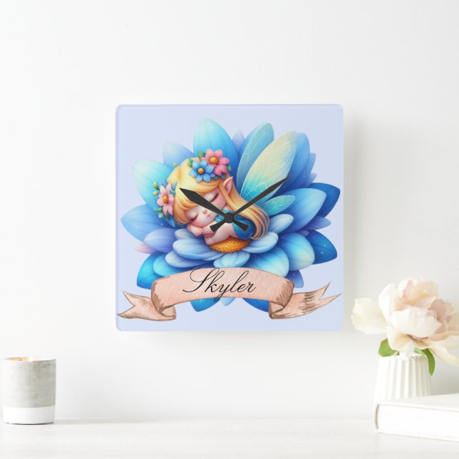 Cute Whimsical Floral Sweet Dreams Sleeping Fairy Square Wall Clock (Home)