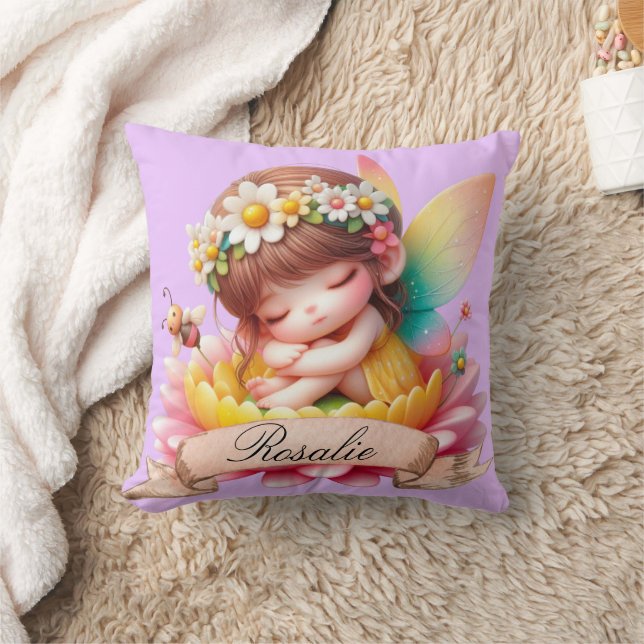 Cute Whimsical Floral Sweet Dreams Sleeping Fairy Throw Pillow (Blanket)