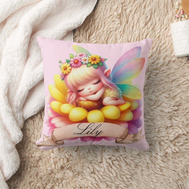Cute Whimsical Floral Sweet Dreams Sleeping Fairy Throw Pillow (Blanket)