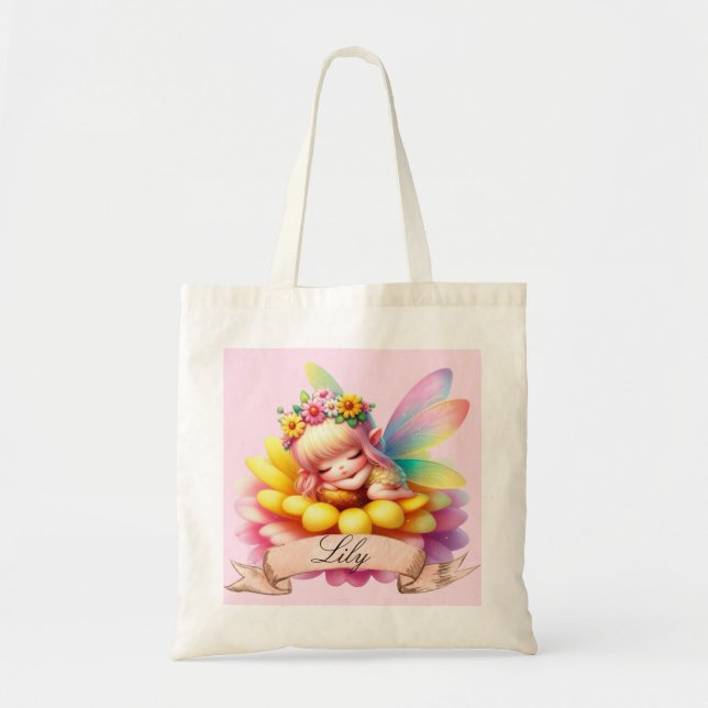 Cute Whimsical Floral Sweet Dreams Sleeping Fairy Tote Bag (Front)