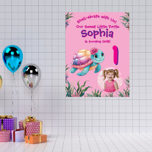 Cute Whimsical Floral Turtle Birthday Welcome  Poster