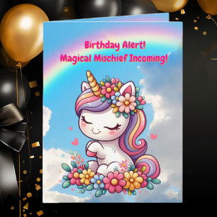Cute Whimsical Floral Unicorn Girly Kids Birthday  Card