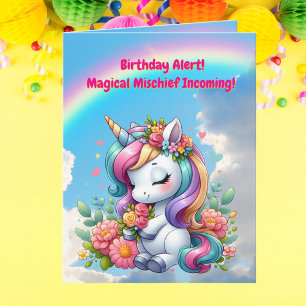 Cute Whimsical Floral Unicorn Girly Kids Birthday Card