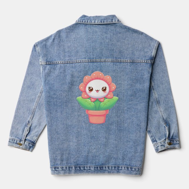 Cute, whimsical flower in pot denim jacket (Back)