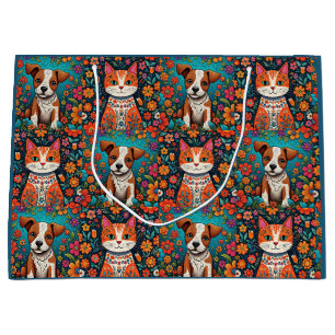 Cute Whimsical Folk Art Cat and Dog and Flowers Large Gift Bag