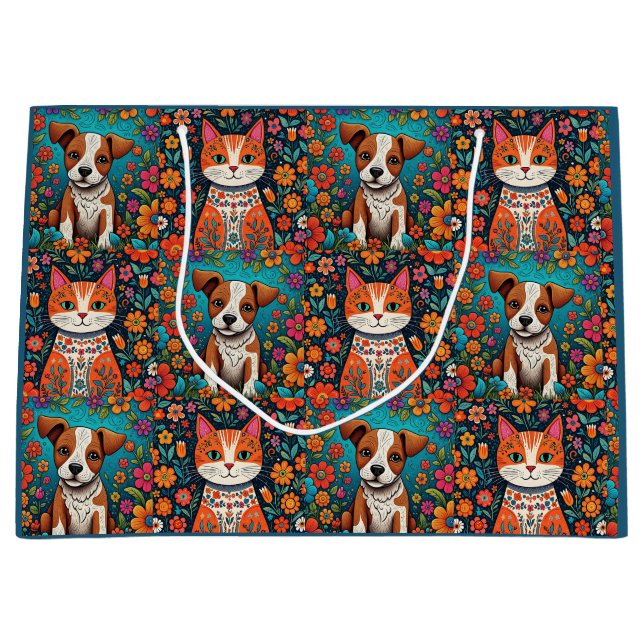 Cute Whimsical Folk Art Cat and Dog and Flowers Large Gift Bag (Front)