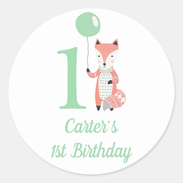 Cute Whimsical Fox & Balloon Green 1st Birthday Classic Round Sticker (Front)