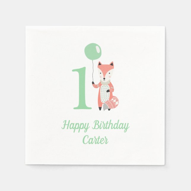 Cute Whimsical Fox & Balloon Green 1st Birthday Napkin (Front)