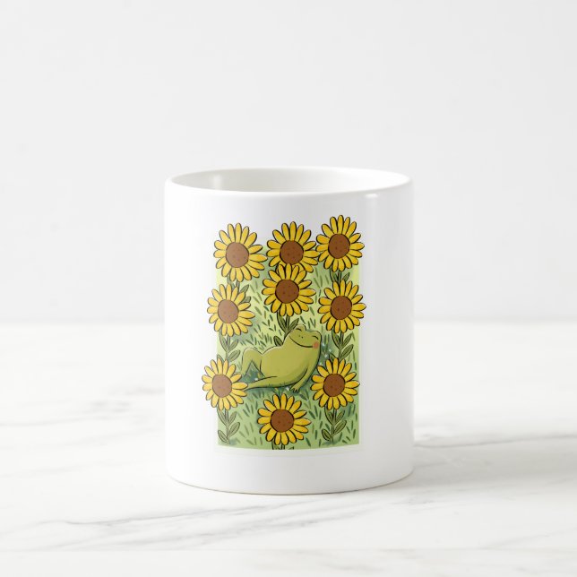 Cute Whimsical Frog And Sunflowers Illustration Coffee Mug (Center)