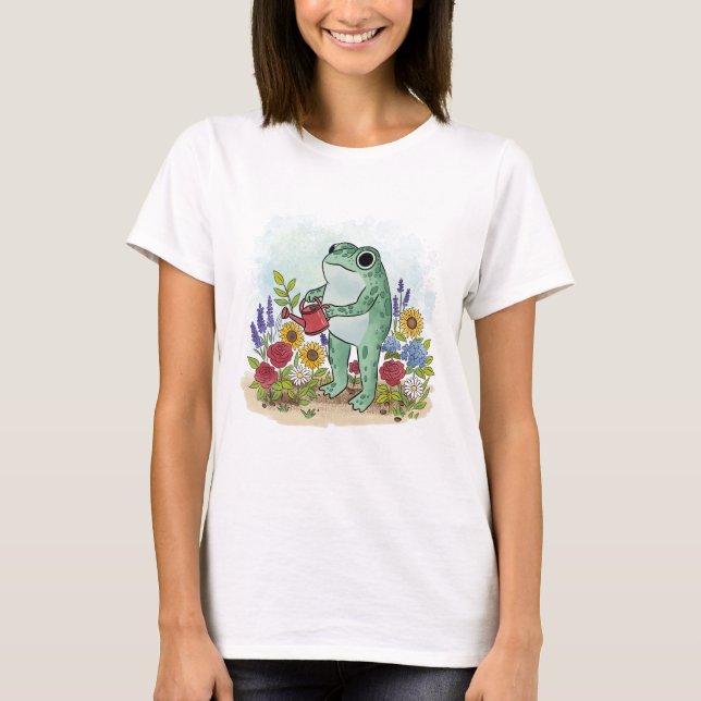 Cute Whimsical Frog In Flower Garden Illustration T-Shirt (Front)