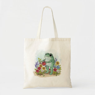 Cute Whimsical Frog In Flower Garden Illustration Tote Bag