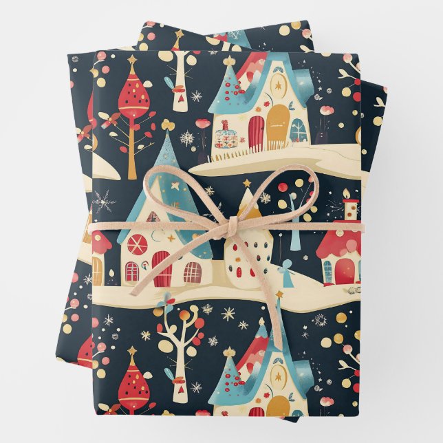 Cute Whimsical Fun & Festive Christmas Village Wrapping Paper Sheet (In situ)