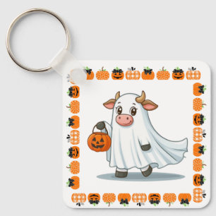 Cute, whimsical, ghost cow keychain
