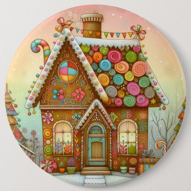 Cute, whimsical gingerbread house 6 inch round button (Front)