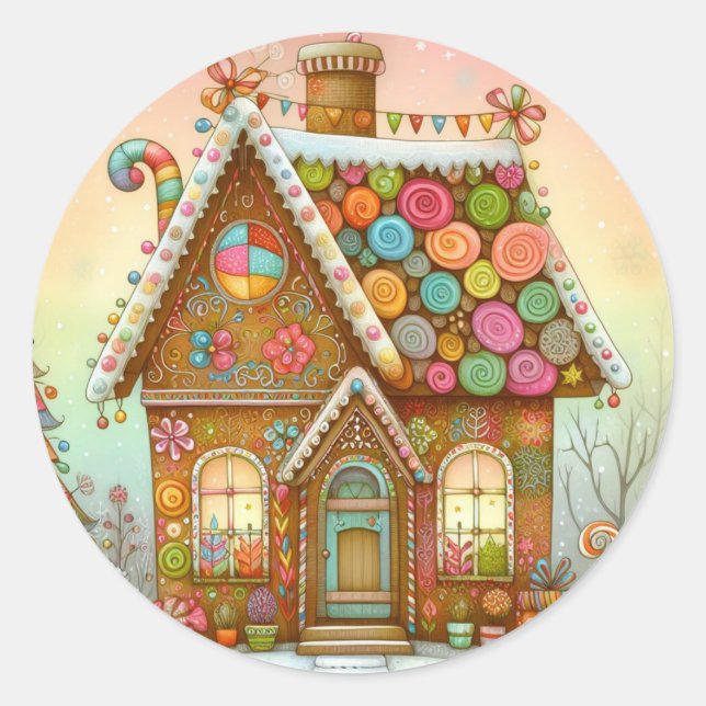 Cute, whimsical gingerbread house classic round sticker (Front)