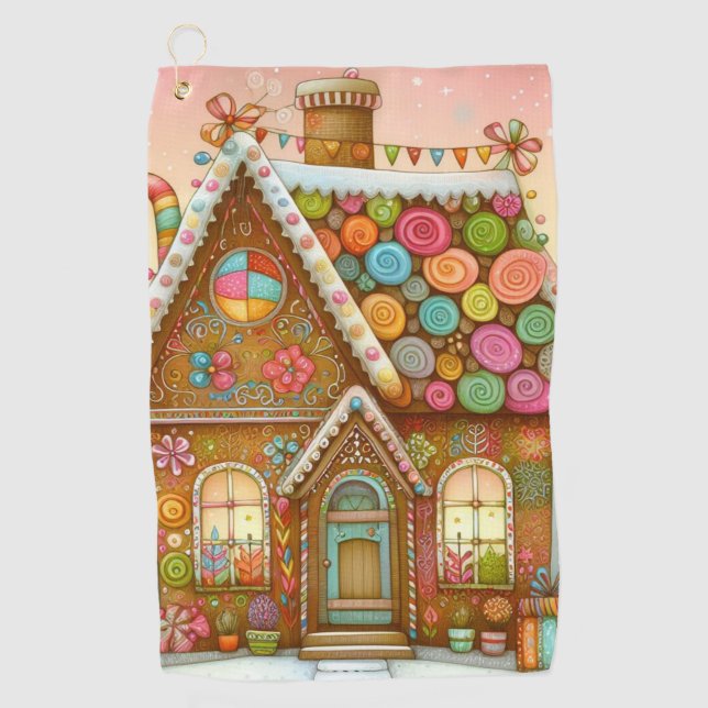 Cute, whimsical gingerbread house golf towel (Front)