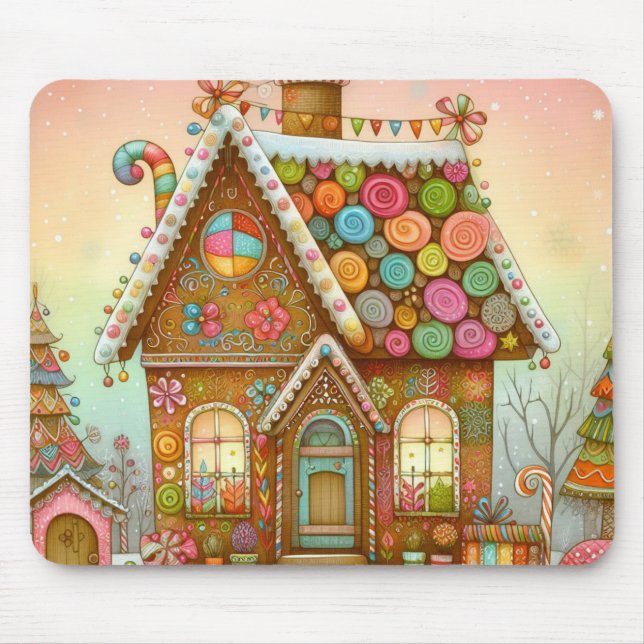 Cute, whimsical gingerbread house mouse pad (Front)