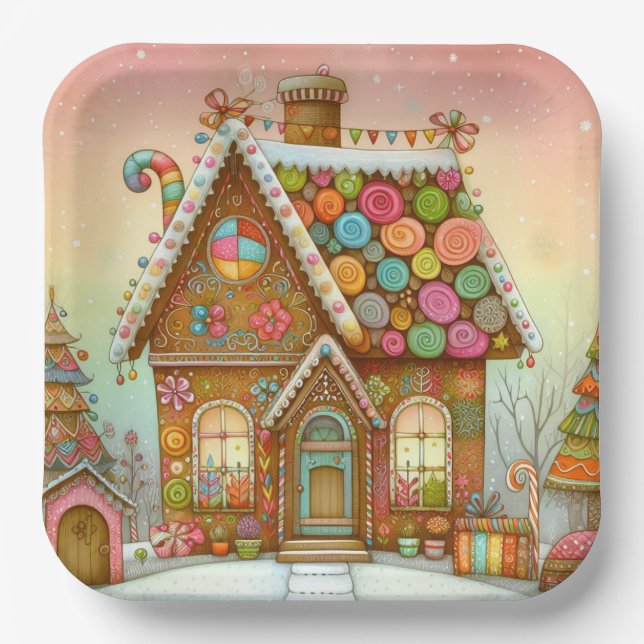 Cute, whimsical gingerbread house paper plate (Front)