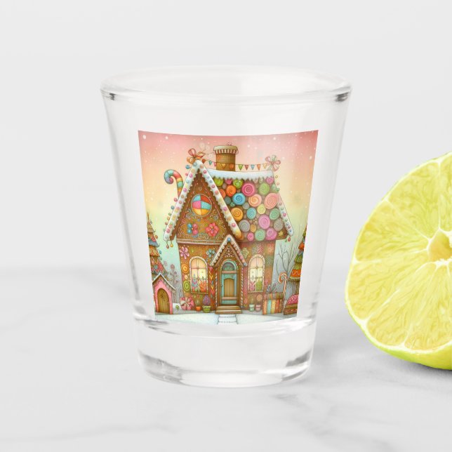 Cute, whimsical gingerbread house shot glass (Front)