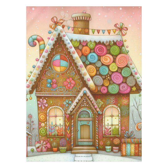 Cute, whimsical gingerbread house tablecloth (Front)