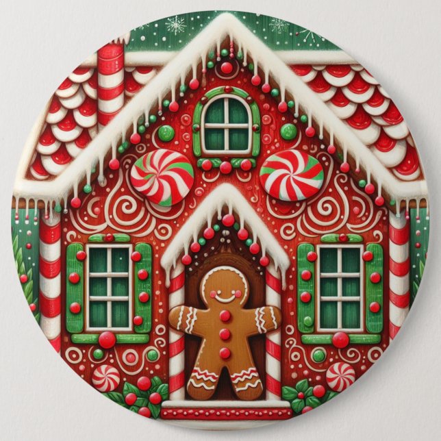 Cute, whimsical gingerbread man & house 6 inch round button (Front)