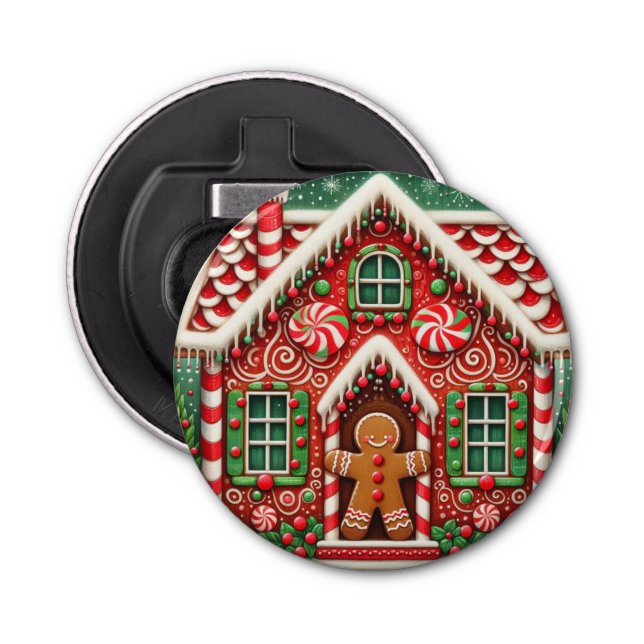 Cute, whimsical gingerbread man & house bottle opener (Front)