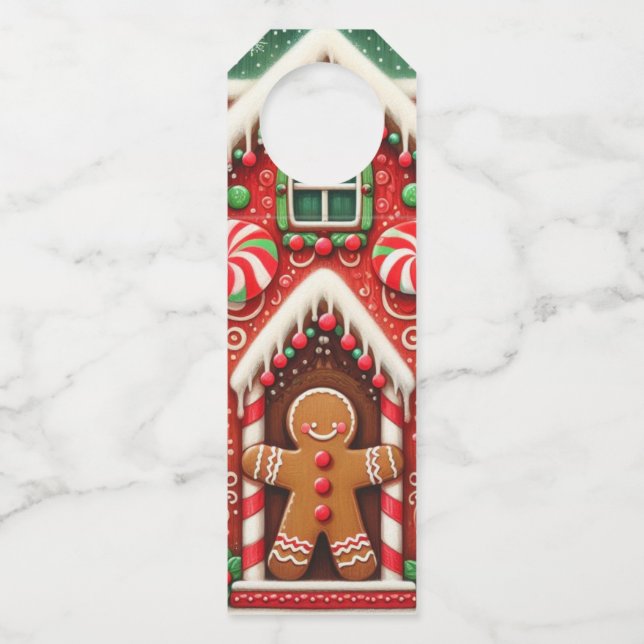 Cute, whimsical gingerbread man & house bottle tag (Front)