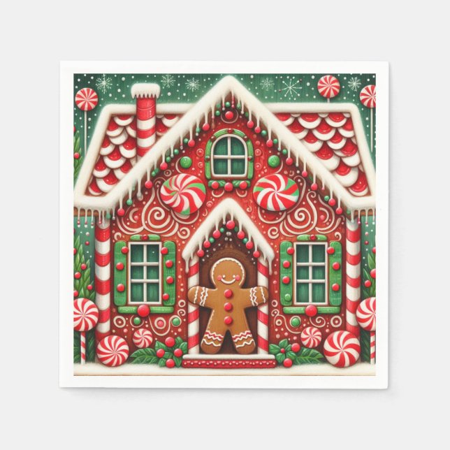 Cute, whimsical gingerbread man & house napkin (Front)