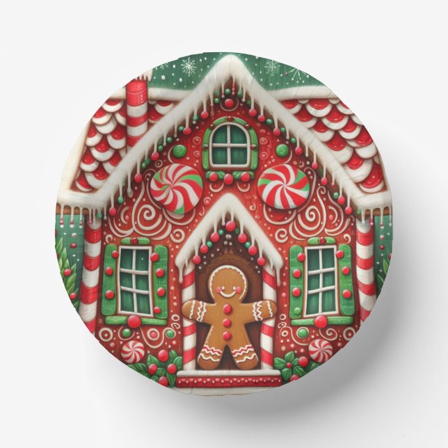 Cute, whimsical gingerbread man & house paper plate (Front)