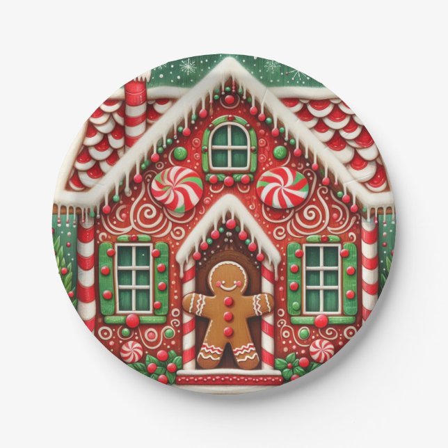 Cute, whimsical gingerbread man & house paper plate (Front)
