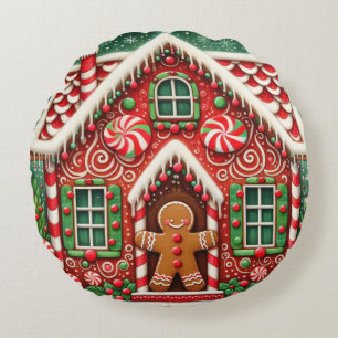 Cute, whimsical gingerbread man & house round pillow
