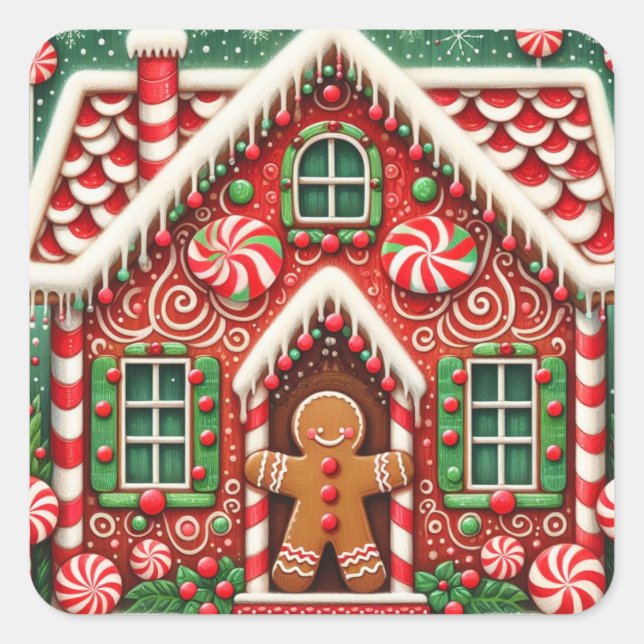 Cute, whimsical gingerbread man & house square sticker (Front)