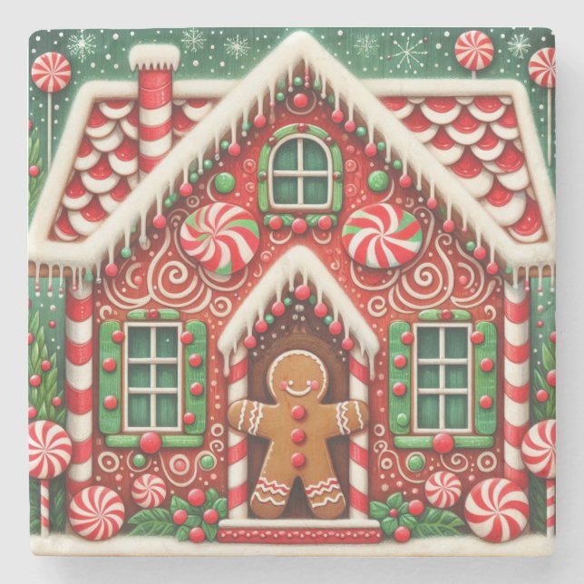 Cute, whimsical gingerbread man & house stone coaster (Front)
