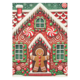 Cute, whimsical gingerbread man & house tablecloth