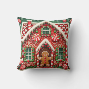 Cute, whimsical gingerbread man & house throw pillow