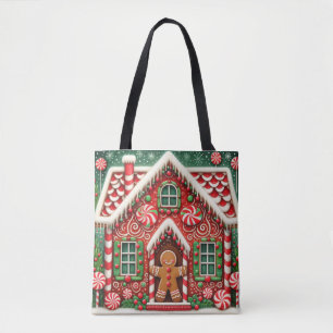 Cute, whimsical gingerbread man & house tote bag