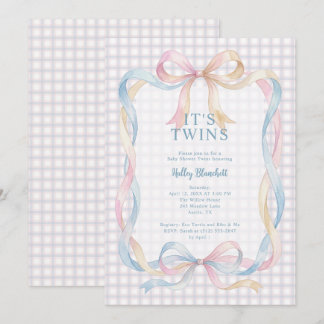 Cute Whimsical Gingham Twins Baby Shower LPM26 Invitation